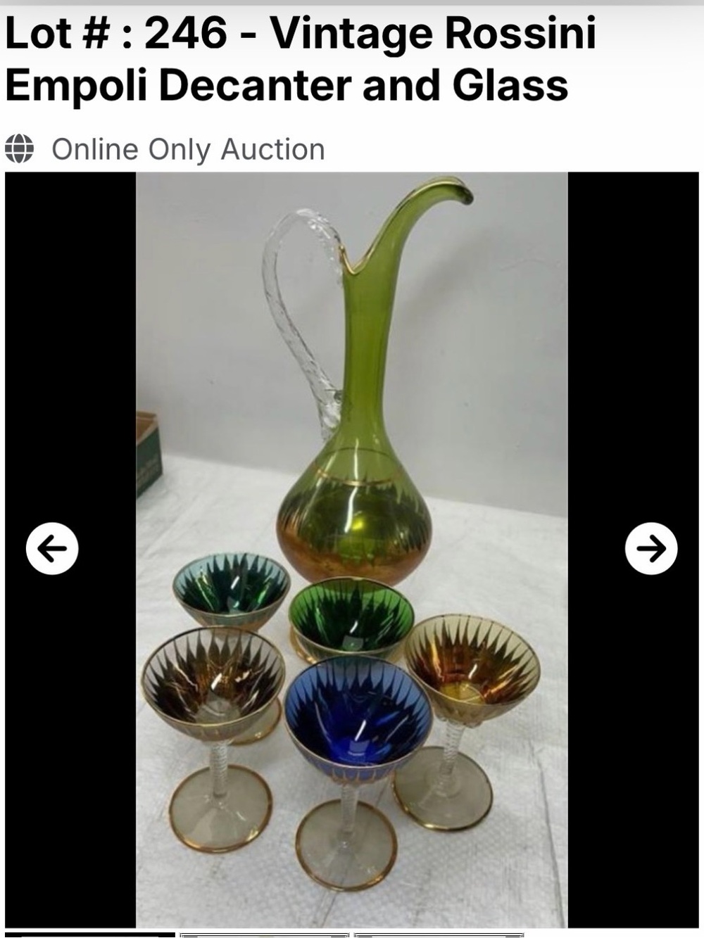 Green and Amber Glass Decanter with Multi-Color Stemmed Glasses